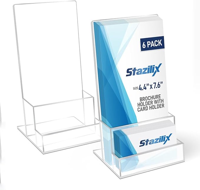 6 Pack Acrylic Brochure Holder 4‘’, Clear brochure and business card holder, Plastic Flyer Display Stand for Magazine, Pamphlet, Booklets, Menu, Journals, Business Card