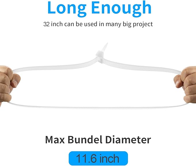 32 inch White Cable Zip Ties Heavy Duty 15 PCS, 440 LBS Ultra Exclusive Strong Big Plastic Wire Ties, Large Cable Ties Extra Long Tie Wraps, Indoor and Outdoor Use