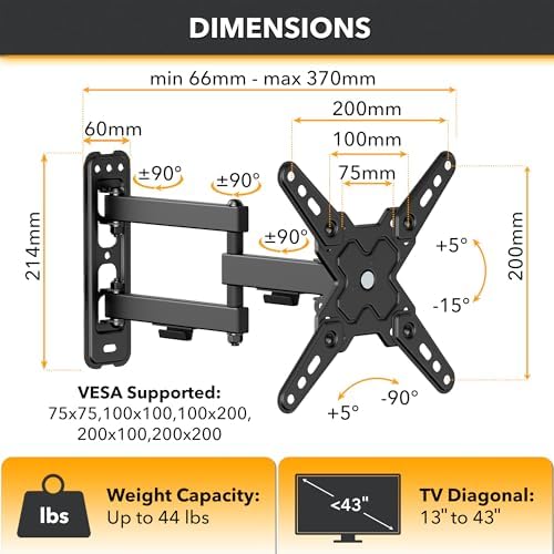 CondoMounts TVA8022 Full Motion TV Wall Mount for 12”-40” Screens | Swivel, Tilt & Extendable TV Mount w/Articulating Arms, Max VESA 200x200, 44 lbs Capacity | Portrait/Landscape, DIY Install, Black