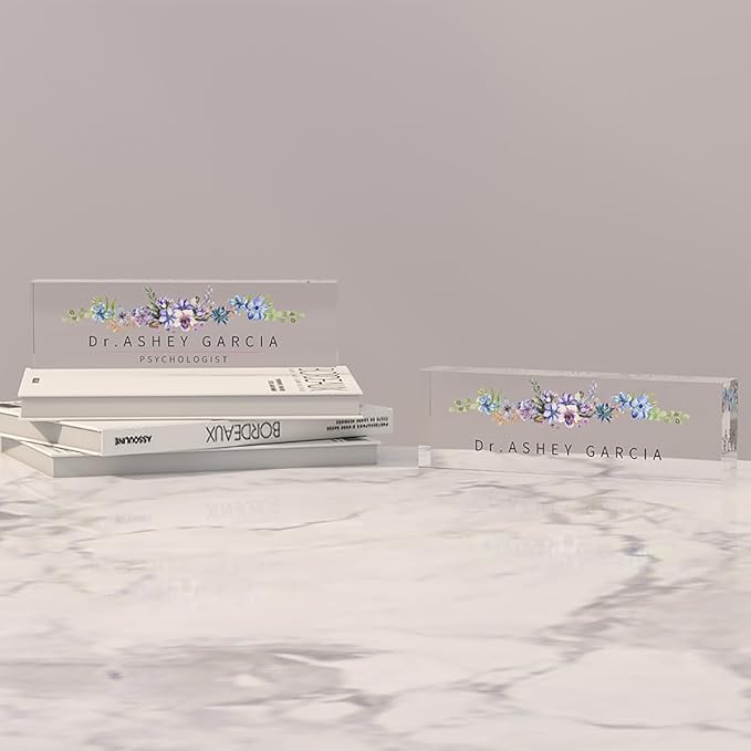 Office Desk Name Plate Personalized, Custom Acrylic Desk Name Plate Ideal/Meaningful Office Decor for Coworkers, Boss, Employee Appreciation Gift for Women & Men(Watercolor Flowers)