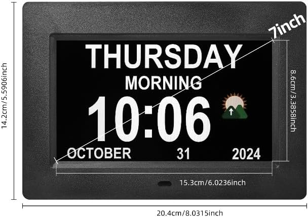 7-Inch Digital Watch, Large Font Display, 3 Display Modes, Many Alarms and Medication Alerts for Seniors and Alzheimer Patients (Black) (Black, 7-inch)