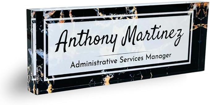 Customized Clear Acrylic Thick 8x3" Desk Name Plate Block with Personalized Logo - Professional Office Decor - Customized Acrylic Plate Gift for Teacher Co-workers, Christmas Gifts for Her, Thanksgiving Gifts (Black Marble)