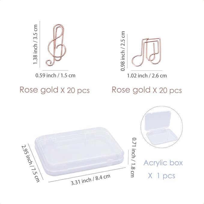 OWLFAVO Clef and Note Shape 40pcs Paper Clips with Clear Box, Rose Gold, Funny Cute Paperclips Bookmarks Planner Clips for Fun Office Supplies School Gifts Wedding Decoration