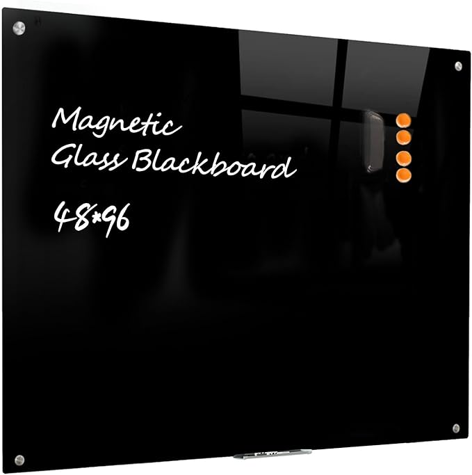 Magnetic Glass Dry Erase Board - Black Board 48 x 96 Inch Wall Mounted Glass Whiteboard, Large Frameless White Board for Wall Office, Home & School, Black
