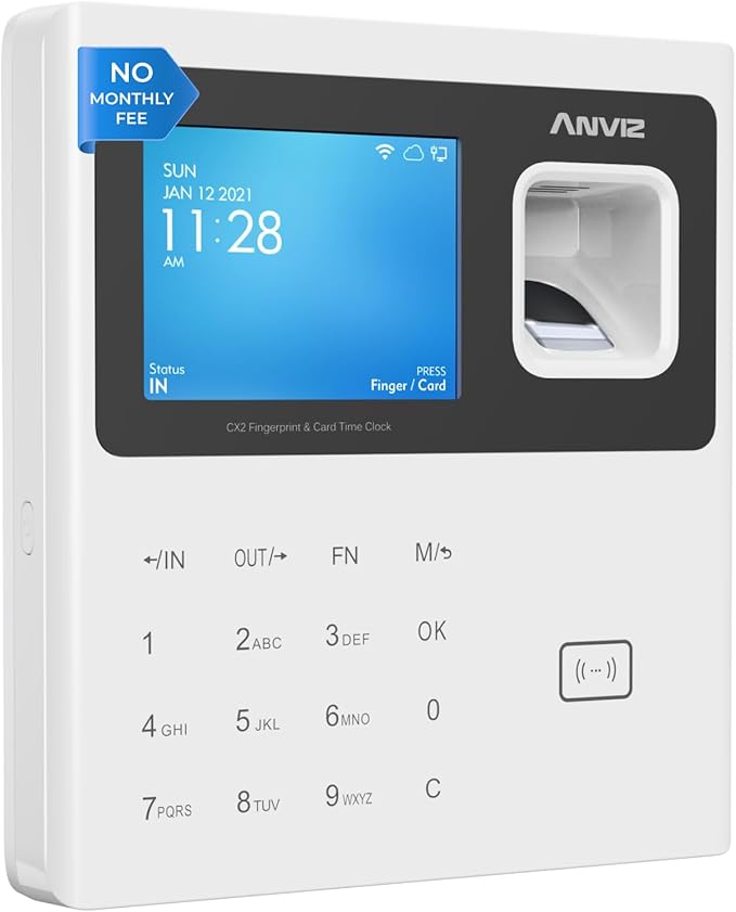 ANVIZ Time Clocks for Employees Small Business - Forever Free Cloud Software - CX2 Fingerprint Biometric Clock in and Out Attendance Machine, White