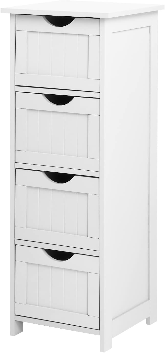 VINGLI White Bathroom Storage Cabinet with 4 Drawers Wooden Freestanding Slim Bathroom Floor Cabinet Small Side Organizer Storage Unit for Restroom Livng Room Kitchen Office Hallway Entryway
