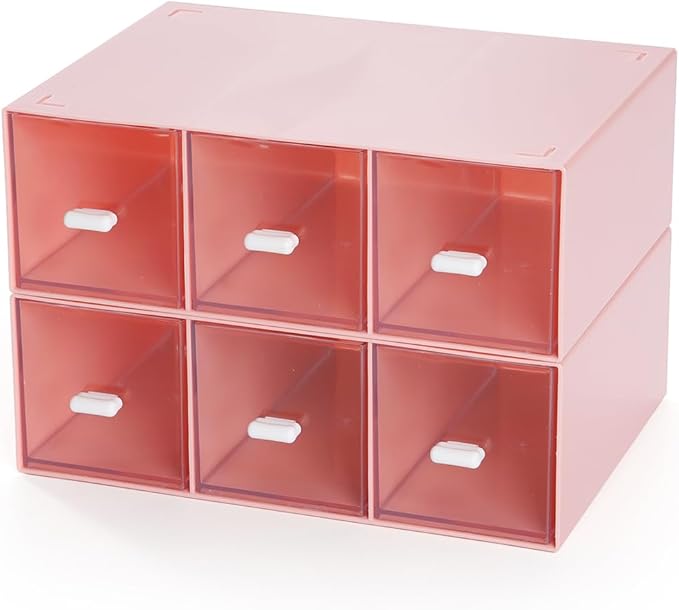 Desktop Drawers, Desk Organizer with 6 Drawers, Stackable Plastic Storage Box for Home Collection, Cosmetics, Office Supplies (2 Tall Layers, Pink)