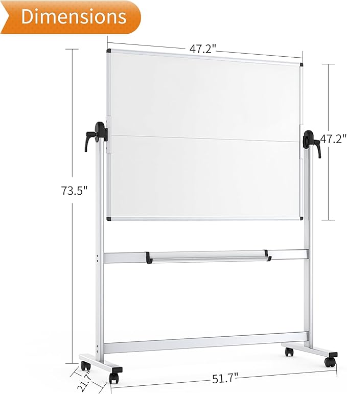 VIZ-PRO Double-Sided Mobile Whiteboard, 48 x 48 Inches, Magnetic Rolling Dry Erase White Board on Wheels with Aluminium Frame and Stand 4' x 4'