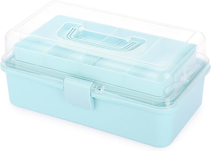 BTSKY 3-Layer Plastic Dividing Storage Box Craft Organizer and Storage with Adjustable Spacers Portable Handled Art Supply Organizer Multipurpose Home Utility Box for Medicine, Sewing(Blue)