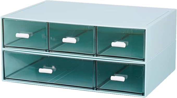 Desktop Organiser with 5 Drawers, Stackable Plastic Storage Box on Desk, Small Drawers Storage Unit for Home Collection, Cosmetics, Office Supplies (2 Flat Layers, Blue)