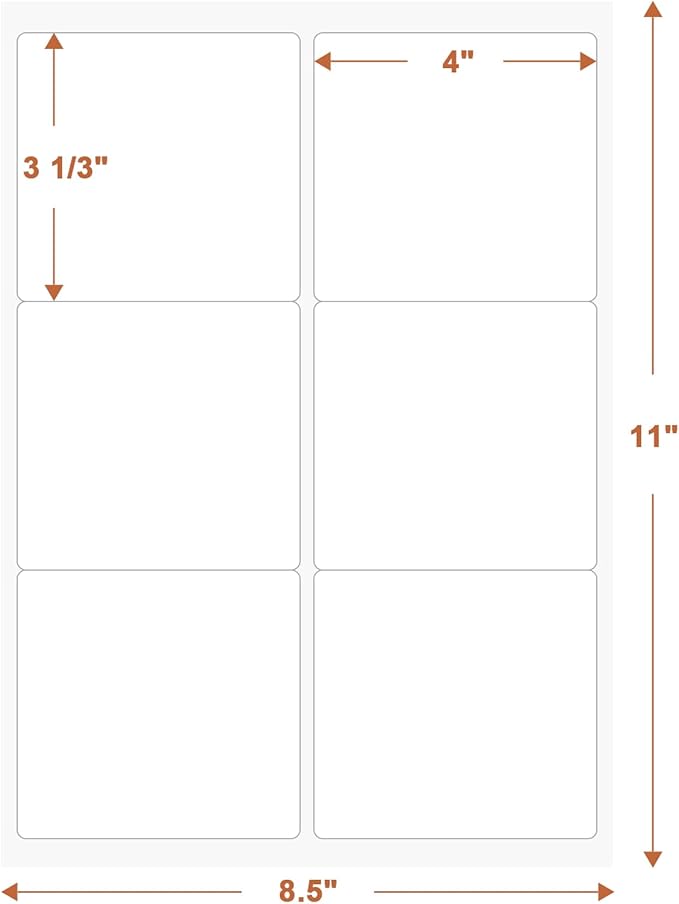 3 1/3" x 4" (200 Sheets) Address Labels Sticker Paper for Laser/Ink Jet Printer, Printable and Writable White Sticker Label- Matte, 6 per Page Label (Total 1200 Labels)