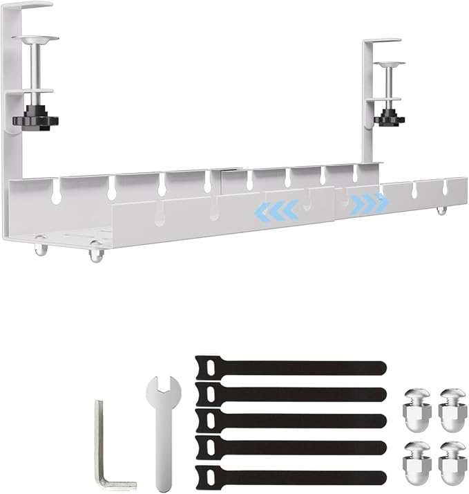 Cable Management, Retractable Under Desk Cable Organizers, Shelf for Efficient Wire Management, Space Saving Wire Collection Rack, No Drilling,Metal Cord Organizer with Clamp for Standing Desk
