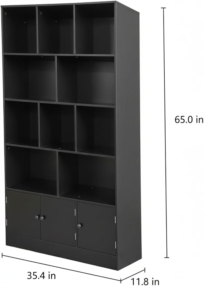 Anystyle Black 5-Tier Bookshelf, 13-Cube Storage Cabinet with 3 Doors, Freestanding Bookcase for Living Room & Home Office, 35.4” W x 11.8” D x 65” H