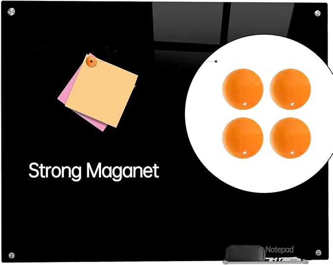 Glass Black Board Magnetic Dry Erase Board - Black Board 48 x 36 Inches Wall Mounted Glass Blackboard, Large Frameless Glass Black Board for Wall Office, Home & School