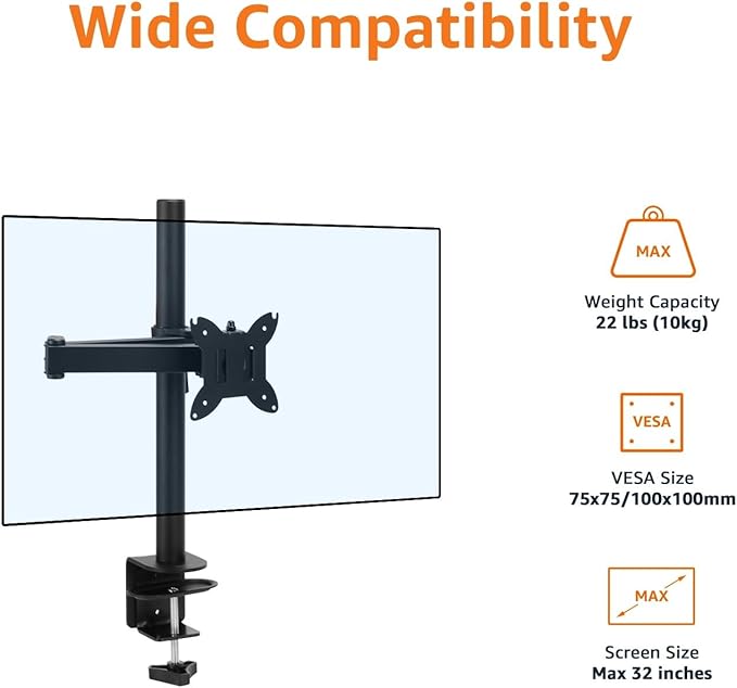 Amazon Basics Adjustable Single Computer Monitor Arm Mount, Holds up to 32" Monitors, Black