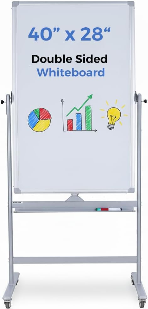 Double-Sided 40" x 28" Mobile Whiteboard with Wheels | Rolling Magnetic Dry Erase Board on Stand | Adjustable Height Silver Frame White Board for Office, Classroom & Home