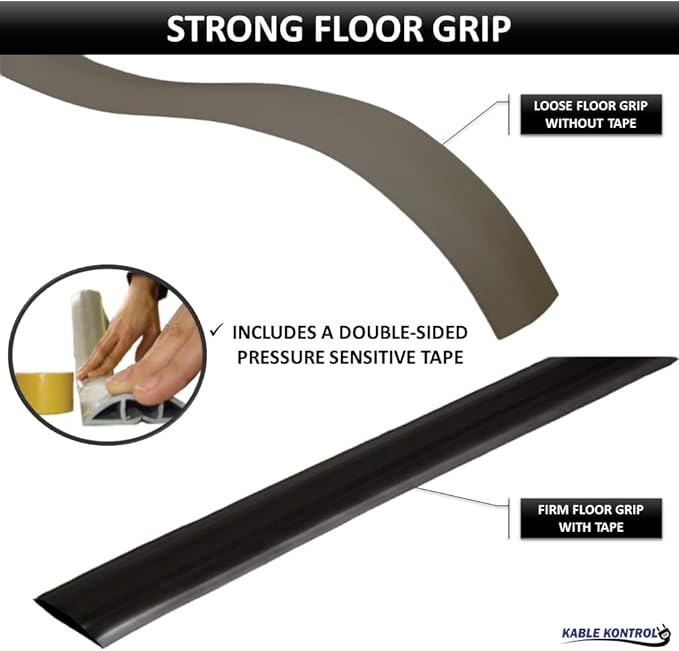 Kable Kontrol Floor Cord Cover kit - 15 Feet Long Black Plastic Cable Protector, Hides Cords and Conceals Wires, for Extension Cord Cable Management, Channel Size 0.75” W x 0.43” H