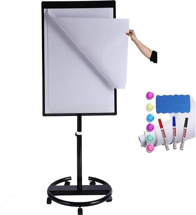 40 X 28 Inch Mobile Magnetic Whiteboard on Wheels, Rolling Dry Erase Board Easel on Height Adjustable Stand with Flipchart Paper Pad (25 Sheets) for Homeschool Teaching, Office & Workshops