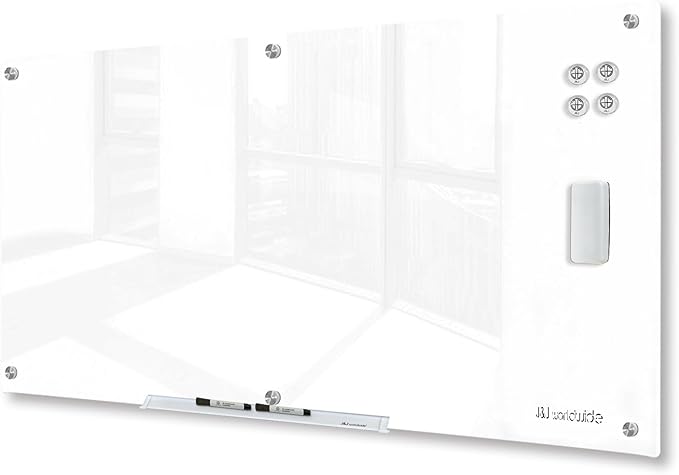 J&J worldwide Magnetic Glass Whiteboard 6' x 3' Ultra White, Large Frameless White Boards for Walls 70 x 35 Inches, Large Dry Erase Board for Office, Home, School
