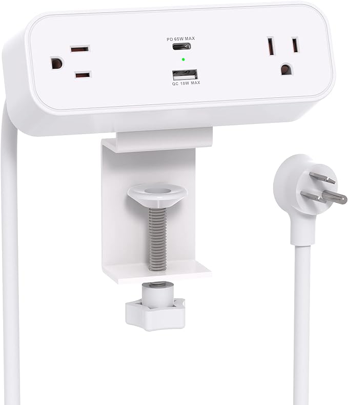 Desk Clamp Power Strip, 65W 10ft Extension Cord- 2 Outlets Desktop Power Strip with USB C 65W, USB A(QC 18W) Desktop Desk Clamp Power Station for Office, Home