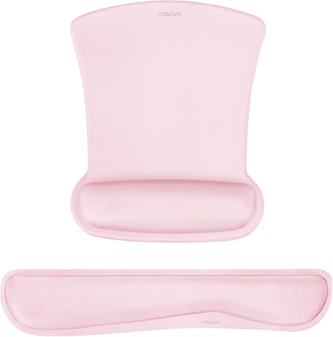MOSISO Wrist Rest Support for Mouse Pad & Keyboard Set, Ergonomic Mousepad Non-Slip Base Home/Office Pain Relief & Easy Typing Cushion with Neoprene Cloth & Raised Memory Foam, Rose Pink