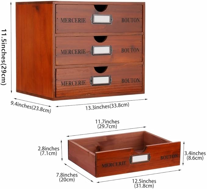 Wooden Storage Box Rustic Desktop Organizer with 3 Drawers Office Desk Accessories Shelf Large Craft Storage Containers Apothecary Cabinet and Chest Jewelry Holder for women(BROWN)