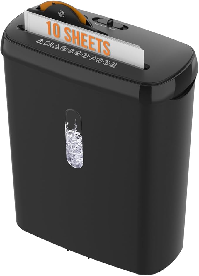 10-Sheet Strip Cut Paper Shredder, P-2 Security Level for Home Office, 3.17 Gallon Bin, Shreds CDs & Credit Cards, ETL Certified, Black