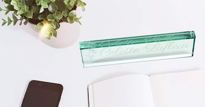 PlaqueMaker NamePlates for Desks, Custom-Engraved Glass NamePlate, Office Decor (Jade) | 8 x 2 inches