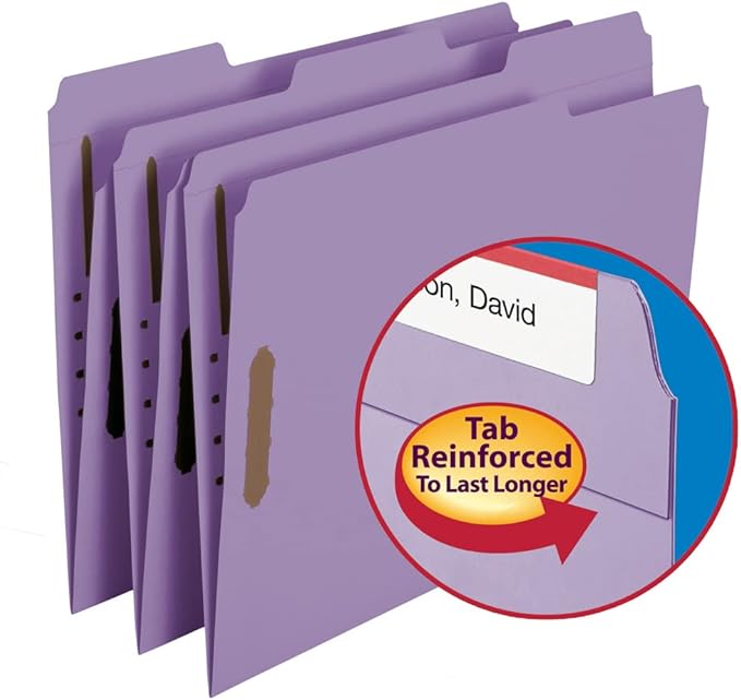 Smead Fastener File Folders, Reinforced 1/3-Cut Tabs, 2 Fasteners, Letter Size, Lavender, 50 per Box (12440)