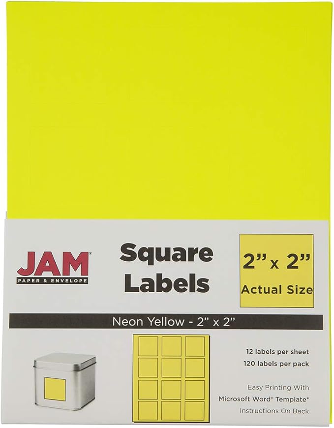 JAM PAPER Product & Container Labels - Square - 2 x 2 - Neon Yellow - 120/Pack