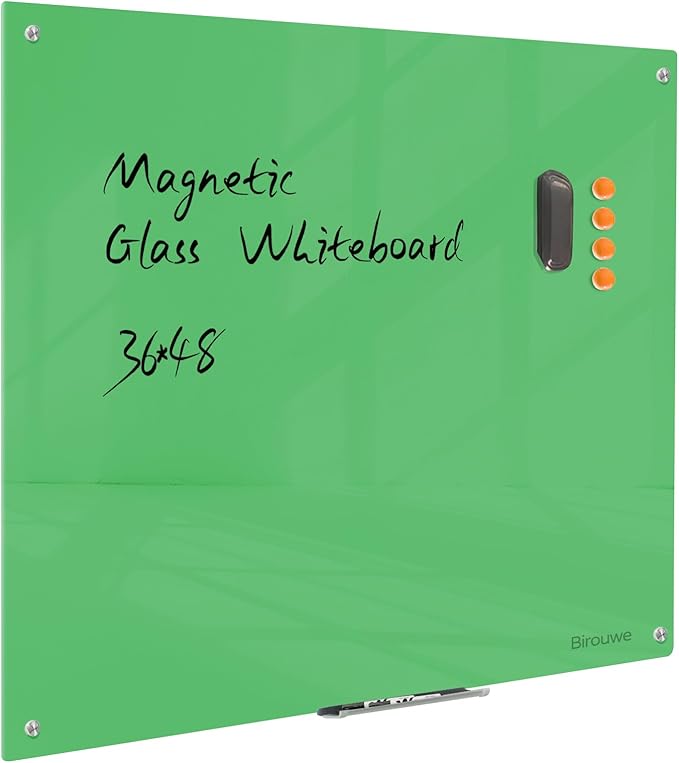 Magnetic Glass Dry Erase Board - White Board 48 x 36 Inch Wall Mounted Glass Whiteboard, Large Frameless Glass White Board for Wall Office, Home & School, Green