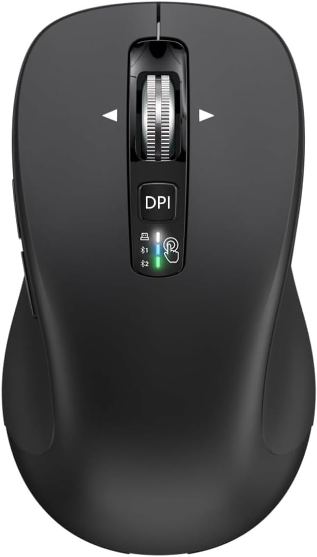 Wireless Bluetooth Mouse (USB + BT1 + BT2), Full Size, 4-Way Scrolling, Multi-Device Silent Mouse for Computer, Laptop, iPad, MacBook (Black)