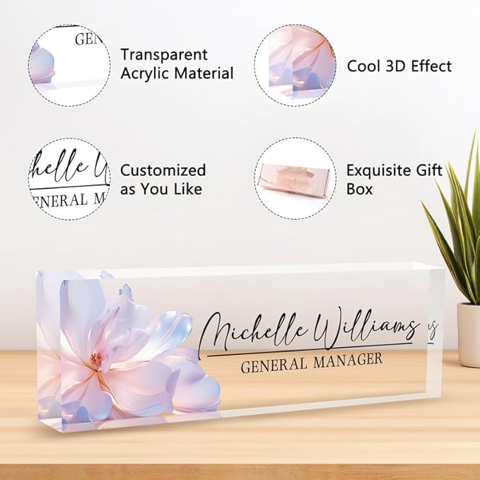 Desk Name Plate Personalized Name Plate for Desk, Office Desk Decor, 3D Style Personalized Plaque Name Plates for Desks Custom Appreciation Gifts for Boss Lady Employee Coworkers (Peach Flowers)