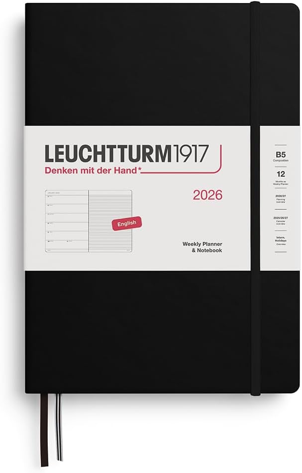 LEUCHTTURM1917 - Weekly Planner & Notebook 2026, Hardcover, Composition (B5), Ruled, Black (Jan 1 - Dec 31, 2026)