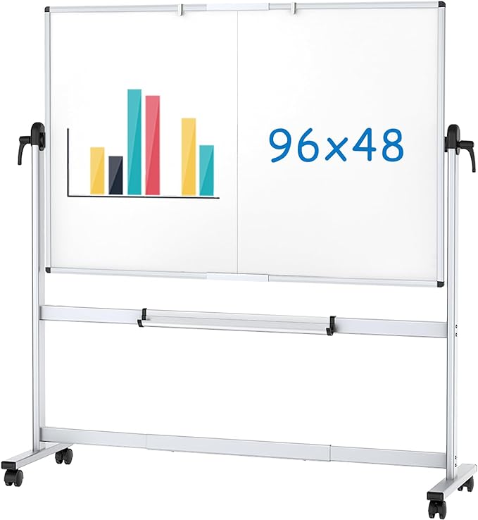 VIZ-PRO Double-Sided Mobile Whiteboard, 96 x 48 Inches, Magnetic Rolling Dry Erase White Board on Wheels with Aluminium Frame and Stand 8' x 4'