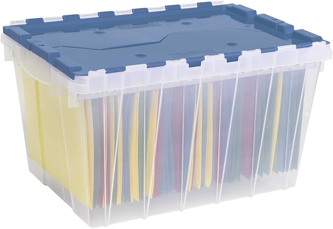 Akro-Mils KeepBox 12 Gallon Storage Container, Nesting and Stackable Plastic Storage Box with Lid Attached and Rails for Letter Size Hanging File Folders, 21" x 15" x 12", Clear/Blue