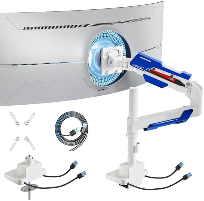 ARES WING CoreArm Single Monitor Mount with USB, Ultrawide Monitor Arm for 24 to 57'' Heavy Duty Curved Screen, Adjustable Gas Spring Monitors Arm Stand up to 66LBS with 75/100/200 Vesa Mount, White