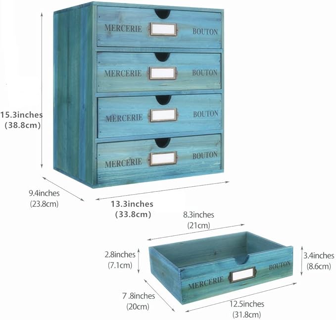 Wooden Storage Box with Drawers Vintage Office Supplies and Accessories Letter Tray Wood Desktop File Organizer 4 Tier Paper Sorter School Supply Holder Rustic Jewelry Box (LARGE BLUE)