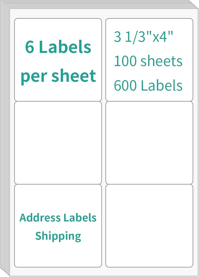 InpourPack 6 UP Labels, 4" x 3-1/3" Shipping Address Labels for Laser Inkjet Printer, Self Adhesive, Blank Mailing Sticker Paper (2000 Sheet=12000)