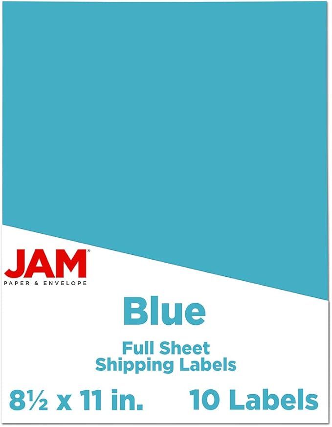 JAM PAPER Full Sheet Shipping Labels - Printable Sticker Paper - 8 1/2 x 11 - Blue - 10 Full Pages/Pack