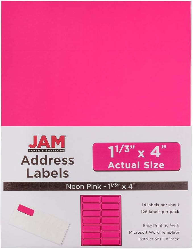JAM Paper® Address Labels - 1 1/3 x 4 in - Neon Pink - 14 Labels per Sheet, 126 Per Pack