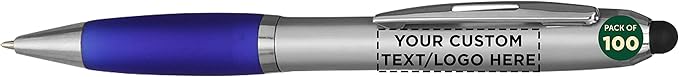 DISCOUNT PROMOS Custom Stylus Ballpoint Pens Set of 100, Personalized Bulk Pack - Black Ink, Great for Office, School, Business, Tradeshows, Events - Blue