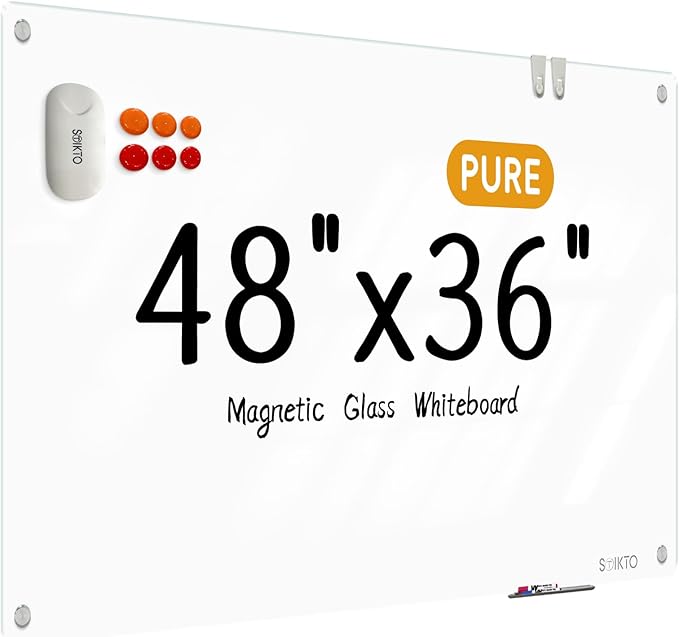 Glass Whiteboard - Glass Dry Erase Board 48" x 36" Magnetic Pure White Board Glass Writing Board White Boards for Walls Wall Office Home
