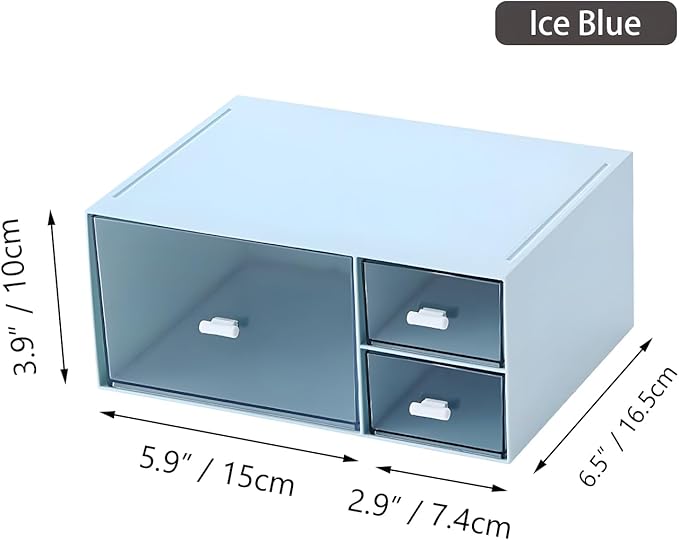 Desktop Stackable Storage 3 Drawers, Blue Plastic Stationery Drawer Organiser, Makeup Desk Organiser Storage Box, Small Drawers Storage Unit, 1 Deep Layer