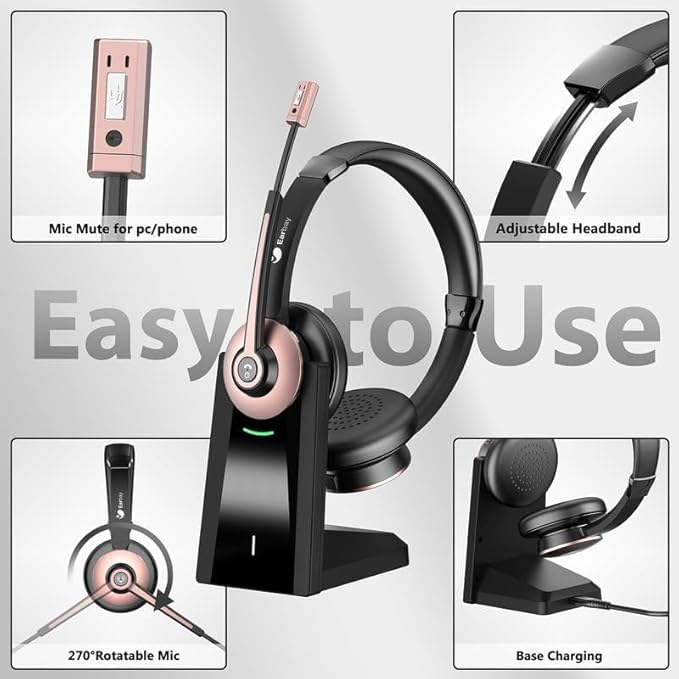 Earbay Wireless Headset - Bluetooth Headphones with Microphone Noise Canceling & Mute, Bluetooth Headset with USB Dongle/Charge Dock for PC Computer Cell Phone Work Office Meetings Call Teams