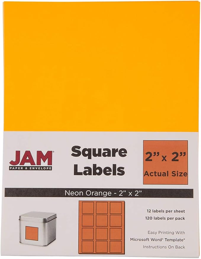 JAM PAPER Product & Container Labels - Square - 2 x 2 - Neon Orange - 120/Pack