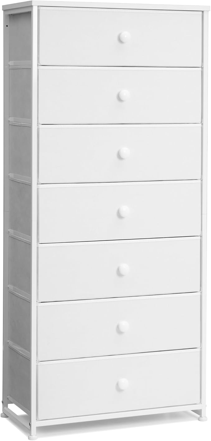 Crestlive Products Tall Dresser, 7-Drawer Wide Fabirc Storage Tower, Chests of Drawers - Vertical Organizer Unit for Bedroom, Hallway, Entryway, Nursery, Wood Top, Closets with Handles (White)