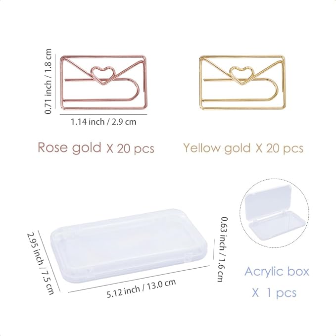 OWLFAVO 40pcs Envelope Shape Paper Clips with Clear Box, Rose Gold and Yellow Gold, Funny Cute Paperclips Bookmarks Planner Clips for Fun Office Supplies School Gifts Wedding Decoration