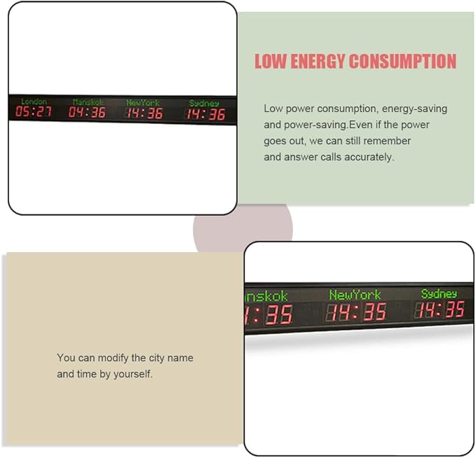 Stylish LED World Clock - Multi Time Zone Display, Auto-Sync WiFi, Wall/Suspension Mount, 1000CD Brightness, 15-20m Visibility - Durable Aluminum Alloy for Offices/Hotels/Schools (4 City)