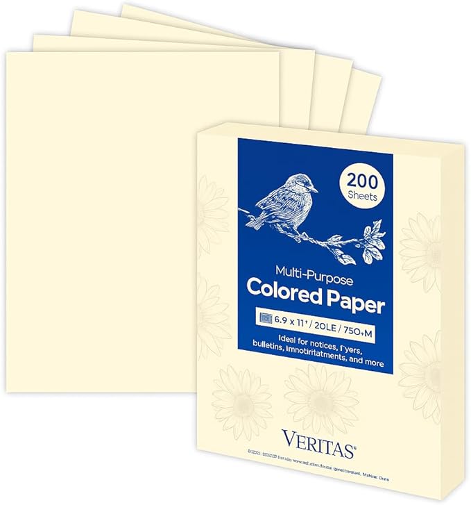 WritePads Veritas Colored Copy Paper, Cream Multi-Purpose paper,Colored Printer Paper 8.5” x 11”, 20 lb / 75 GSM, Cream,200 Sheet, Made in USA